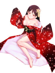 Rule 34 | 1girl, arm support, bare legs, barefoot, breasts, breasts apart, chinchickrin, collarbone, feet, floral print, flower, from above, full body, hair flower, hair ornament, half-closed eyes, japanese clothes, kimono, obi, off shoulder, open clothes, open kimono, original, purple hair, red eyes, sash, simple background, sitting, solo, white background