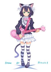 Rule 34 | 10s, 1girl, absurdres, animal ears, bell, black hair, blush, cat ears, cat tail, commentary request, curly hair, cyan (show by rock!!), frills, gothic lolita, green eyes, guitar, highres, instrument, kame^^, lolita fashion, looking at viewer, maid headdress, mary janes, shoes, show by rock!!, skirt, smile, solo, standing, strawberry heart (show by rock!!), striped clothes, striped thighhighs, tail, thighhighs