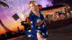 Rule 34 | 1girl, 3d, beach, blonde hair, blue eyes, dead or alive, dead or alive 5, female focus, fireworks, highres, nature, official art, outdoors, plant, sky, solo, tina armstrong