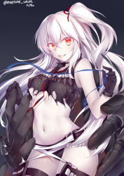 Rule 34 | 10s, 1girl, abyssal ship, breasts, destroyer water oni, gloves, glowing, glowing eyes, highres, kantai collection, long hair, medium breasts, obiwan, pale skin, red eyes, revision, side ponytail, sleeveless, smile, solo, underboob, white hair