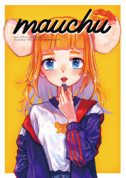 Rule 34 | + +, 1girl, absurdres, animal ears, applying makeup, blue eyes, blunt bangs, border, comiket 95, cosmetics, highres, holding, indie virtual youtuber, jacket, lipstick, lipstick mark, lipstick tube, long hair, long sleeves, looking at viewer, makeup, mouse ears, mouse girl, nail polish, naname (7name), off shoulder, open mouth, orange hair, original, smile, solo, thick eyebrows, virtual youtuber, yellow background