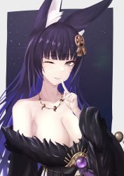 Rule 34 | 1girl, ;d, absurdres, animal ears, azur lane, bare shoulders, black hair, black kimono, breasts, cleavage, eyelashes, fang, finger to mouth, fox ears, fox girl, fur-trimmed kimono, fur trim, gem, gradient hair, grin, hair ornament, hairpin, hand up, highres, japanese clothes, jewelry, kimono, kitsune, large breasts, long hair, looking at viewer, magatama, magatama necklace, multicolored hair, musashi (azur lane), nagatokks, necklace, off shoulder, one eye closed, open mouth, purple gemstone, purple hair, sakura empire (emblem), smile, solo, upper body, very long hair