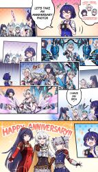 Rule 34 | &gt; &lt;, 4girls, :d, ahoge, anniversary, armor, blue eyes, blush, braid, breasts, bronya zaychik, bronya zaychik (herrscher of truth), bronya zaychik (valkyrie chariot), camera, closed eyes, closed mouth, comic, commentary, covered navel, crossed bangs, drill hair, english commentary, english text, fingerless gloves, flying sweatdrops, gloves, grey eyes, grey hair, hair ornament, halo, highres, holding, holding camera, honkai (series), honkai impact 3rd, kiana kaslana, kiana kaslana (herrscher of finality), kiana kaslana (valkyrie ranger), long hair, looking at viewer, medium breasts, mhunter 45, multiple girls, obscured, open mouth, pointing, pointing at viewer, poking, polka dot, polka dot background, ponytail, project bunny, purple hair, raiden mei, raiden mei (herrscher of origin), raiden mei (valkyrie bladestrike), second-party source, seele vollerei, seele vollerei (swallowtail phantasm), shirt, small breasts, smile, sparkle, speech bubble, standing, striped clothes, striped shirt, sweat, taking picture, thought bubble, twin drills, wavy mouth, white hair