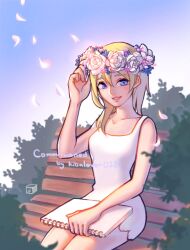 Rule 34 | 1girl, bench, blonde hair, blue eyes, breasts, commission, dddagneo, dress, falling petals, hair between eyes, hair over shoulder, head wreath, highres, holding, holding notebook, kingdom hearts, kingdom hearts ii, light blush, looking at viewer, medium breasts, medium hair, namine, notebook, outdoors, parted lips, petals, short dress, sitting, sketchbook, sleeveless, sleeveless dress, smile, solo, white dress