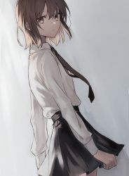Rule 34 | 1girl, arms at sides, black necktie, black skirt, breasts, brown hair, closed mouth, collared shirt, commentary, cowboy shot, grey background, grey eyes, hair between eyes, highres, long sleeves, looking at viewer, looking to the side, medium breasts, mochiosamu ron, necktie, original, pleated skirt, shirt, sideways glance, simple background, skirt, small breasts, solo, white shirt