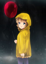 Rule 34 | 1boy, 1girl, balloon, blue eyes, brown hair, coat, commentary request, from behind, highres, idolmaster, idolmaster million live!, it (stephen king), kaiga, looking at viewer, looking back, pennywise, rain, raincoat, short hair, suou momoko, when you see it, yellow coat, yellow raincoat
