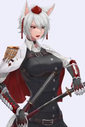 Rule 34 | 1girl, alternate costume, amekudaki, animal ears, bad id, bad pixiv id, belt, black vest, breasts, buttons, choker, collared shirt, cyborg, drawing sword, epaulettes, eyes visible through hair, grey hair, hair between eyes, harness, hat, highres, holding, holding sheath, holding sword, holding weapon, inubashiri momiji, jacket, katana, large breasts, looking to the side, mechanical arms, military, military jacket, military uniform, open mouth, parted bangs, prosthesis, prosthetic arm, red eyes, scabbard, sheath, shirt, short hair, solo, sword, tail, taut clothes, taut jacket, tokin hat, touhou, uniform, unsheathing, upper body, v-shaped eyebrows, vest, weapon, white jacket, white shirt, wing collar, wolf ears, wolf girl, wolf tail