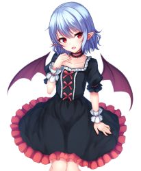 Rule 34 | 1girl, :d, alternate costume, bat wings, black dress, blue hair, blush, choker, collarbone, cowboy shot, dress, fang, flat chest, frilled choker, frills, head tilt, junior27016, looking at viewer, no headwear, no headwear, open mouth, pointy ears, puffy short sleeves, puffy sleeves, red eyes, remilia scarlet, short hair, short sleeves, smile, solo, touhou, white background, wings, wrist cuffs