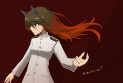 Rule 34 | 1girl, animal ears, brown eyes, brown hair, fingernails, highres, long fingernails, long hair, long sleeves, makaze (t-junction), military, military uniform, red pupils, sharp fingernails, sideways mouth, solo, strike witches, strike witches zero, twitter username, uniform, wakamoto tetsuko, wolf ears, world witches series
