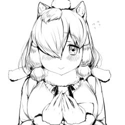 Rule 34 | 10s, 1girl, :&gt;, alpaca ears, alpaca suri (kemono friends), animal ears, blush, breast pocket, chabo-kun, closed mouth, flying sweatdrops, fur-trimmed sleeves, fur scarf, fur trim, greyscale, hair bun, hair over one eye, hands on own chest, hands up, highres, kemono friends, long sleeves, looking at viewer, monochrome, neck ribbon, pocket, ribbon, scarf, simple background, single hair bun, smile, solo, sweater, upper body, white background