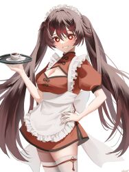 Rule 34 | 1girl, apron, breasts, brown hair, cleavage, cleavage cutout, clothing cutout, commentary request, cowboy shot, cup, dress, flower-shaped pupils, frilled apron, frilled hairband, frills, genshin impact, grin, hair between eyes, hair flaps, hairband, hand on own hip, highres, holding, holding tray, hu tao (genshin impact), long hair, looking at viewer, maid apron, maid headdress, medium breasts, mihata atelier, puffy short sleeves, puffy sleeves, red dress, red eyes, saucer, short dress, short sleeves, sidelocks, simple background, smile, solo, symbol-shaped pupils, tea, teacup, thighhighs, thighs, tray, turtleneck, twintails, very long hair, white apron, white background, white hairband, white thighhighs, zettai ryouiki