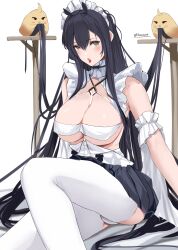 Rule 34 | 1girl, absurdly long hair, absurdres, arm garter, artist name, ass cutout, azur lane, black hair, black skirt, breasts, choker, clothing cutout, crotchless, crotchless pantyhose, elasticduck88, feet out of frame, frilled choker, frilled hairband, frills, green eyes, hairband, highres, indomitable (azur lane), indomitable (ms. motivationless maid) (azur lane), large breasts, long hair, looking at viewer, maid headdress, manjuu (azur lane), miniskirt, official alternate costume, pantyhose, pleated skirt, simple background, sitting, skirt, solo, very long hair, white background, white pantyhose