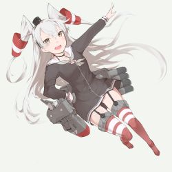 Rule 34 | 10s, 1girl, amatsukaze (kancolle), brown eyes, dress, garter straps, hair tubes, kantai collection, long hair, looking at viewer, open mouth, personification, rensouhou-kun, sailor dress, school uniform, serafuku, short dress, solo, striped clothes, striped thighhighs, thighhighs, tugmix, twintails, two side up, white hair, white stripes, zettai ryouiki