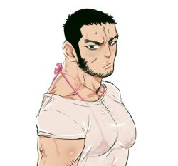Rule 34 | 1boy, adam&#039;s apple, atd (atrocedie), bara, beard stubble, bra, bra visible through clothes, buzz cut, chest hair, facial hair, golden kamuy, large pectorals, light blush, long sideburns, looking at viewer, looking to the side, male focus, mature male, micro bra, muscular, muscular male, pectorals, pink bra, scar, see-through, see-through shirt, shirt, short hair, sideburns, solo, sparse chest hair, stubble, sweat, sweaty clothes, t-shirt, tanigaki genjirou, thick eyebrows, underwear, upper body, very short hair, wet, wet clothes, wet shirt, white shirt