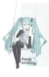 Rule 34 | 1girl, ar2a, blue eyes, boots, collared shirt, commentary request, crossed ankles, detached sleeves, full body, hair ornament, hand on own chest, happy birthday, hatsune miku, headphones, highres, long hair, long sleeves, necktie, open mouth, shirt, sitting, skirt, sleeveless, sleeveless shirt, smile, solo, swing, thigh boots, twintails, very long hair, vocaloid