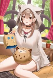 Rule 34 | 1girl, absurdres, animal hood, bare legs, berry, black choker, brown eyes, brown hair, brown hoodie, choker, curtains, drawer, earrings, ears through headwear, food-themed earrings, friend (nanashi mumei), highres, hololive, hololive english, hood, hood up, hoodie, hootsie (nanashi mumei), jewelry, long hair, looking at viewer, multicolored hair, nail art, nanashi mumei, nanashi mumei (casual), necklace, official alternate costume, oversized clothes, plant, potted plant, red shirt, roina (effj7473), runes, shirt, sitting, sitting on lap, sitting on person, sleeves past wrists, smile, streaked hair, sweater, tree, virtual youtuber, white sweater, window