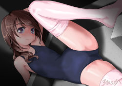 Rule 34 | 1girl, artist name, black one-piece swimsuit, brown hair, commentary request, flat chest, grey eyes, looking at viewer, medium hair, new school swimsuit, one-piece swimsuit, original, pink thighhighs, rohitsuka, school swimsuit, signature, skindentation, solo, spread legs, swimsuit, thighhighs