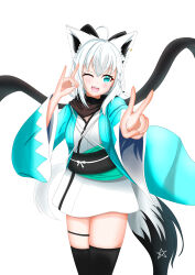 Rule 34 | 1girl, absurdres, ahoge, animal ear fluff, animal ears, ayana haku, black thighhighs, braid, commentary request, cosplay, earrings, fate/grand order, fate (series), fox ears, fox girl, fox shadow puppet, fox tail, green eyes, hair between eyes, highres, hololive, jewelry, long hair, looking at viewer, okita souji (fate), okita souji (koha-ace), okita souji (koha-ace) (cosplay), one eye closed, pentagram, shirakami fubuki, sidelocks, simple background, single braid, solo, tail, thigh strap, thighhighs, v, virtual youtuber, white background, white hair