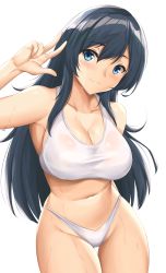 Rule 34 | 1girl, arcie albano, arm behind back, bare shoulders, bikini, black hair, blue eyes, blush, breasts, cleavage, collarbone, commentary request, cowboy shot, groin, hair between eyes, hand up, head tilt, highres, kodama karen, large breasts, long hair, looking at viewer, navel, original, simple background, smile, solo, standing, stomach, swimsuit, tankini, thighs, very long hair, w, white background, white bikini