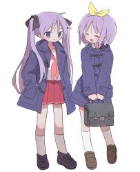 Rule 34 | 2girls, bag, blue eyes, blue jacket, blush, bow, brown footwear, closed eyes, closed mouth, double horizontal stripe, full body, grey bag, hair bow, hairband, hand in pocket, highres, hiiragi kagami, hiiragi tsukasa, holding, holding bag, jacket, light blush, light smile, loafers, long hair, long sleeves, looking at viewer, lucky star, medium hair, miniskirt, multiple girls, neckerchief, open clothes, open jacket, open mouth, parted bangs, pink neckerchief, pleated skirt, purple bow, purple hair, red sailor collar, red skirt, ri (qrcode), ryouou school uniform, sailor collar, school bag, school uniform, shirt, shoes, siblings, simple background, sisters, skirt, smile, socks, standing, straight hair, tsurime, twintails, very long hair, white background, white shirt, white socks, yellow bow, yellow hairband