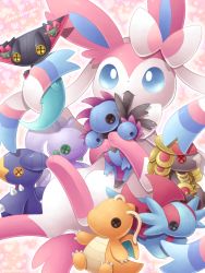 Rule 34 | blue eyes, character doll, commentary request, creatures (company), doll, dragapult, dragonite, dreepy, game freak, garchomp, gen 1 pokemon, gen 3 pokemon, gen 4 pokemon, gen 5 pokemon, gen 6 pokemon, gen 7 pokemon, gen 8 pokemon, goodra, highres, holding, holding doll, hydreigon, kommo-o, mouth hold, nintendo, no humans, pokemon, pokemon (creature), salamence, sasabunecafe, solo, sylveon, toes