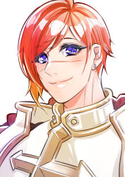 Rule 34 | 1boy, absurdres, armor, blush, breastplate, closed mouth, commentary request, cross, highres, looking at viewer, lord knight (ragnarok online), male focus, medium bangs, noxxia39, orange hair, pauldrons, portrait, purple eyes, ragnarok online, scar, scar on face, scar on nose, short hair, shoulder armor, simple background, smile, solo, swept bangs, white background