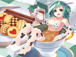 Rule 34 | 1girl, animal ears, animal print, bikini, bikini top only, bottomless, braid, christinya, cinnamon stick, cookie, cow ears, cow girl, cow print, cup, elbow gloves, food, gloves, green hair, half updo, highres, in container, in cup, in food, jug (bottle), long hair, looking at viewer, mini person, minigirl, open mouth, original, sitting, smile, solo, sugar cube, swimsuit, tea, teacup, thighhighs, thumbprint cookie, wallpaper, white bikini, wrist cuffs, yellow eyes