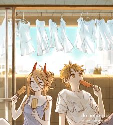 Rule 34 | 1boy, 1girl, balcony, blonde hair, carrotsprout, chainsaw man, closed eyes, clothes hanger, day, denji (chainsaw man), eating, fang, food, food in mouth, grey tank top, hair between eyes, hair bun, highres, horns, medium hair, popsicle, popsicle in mouth, power (chainsaw man), red horns, shirt, short hair, sidelocks, single hair bun, sky, smile, tank top, twitter username, white shirt, yellow eyes