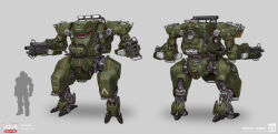 Rule 34 | 1boy, arc mech, arm cannon, chest cannon, commentary, comparison, concept art, doom (series), doom eternal, doomguy, emerson tung, english commentary, english text, gradient background, gun, highres, id software, logo, machine gun, machinery, mecha, military, official art, power suit, production art, realistic, robot, science fiction, signature, sketch, title, weapon