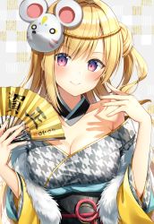 Rule 34 | 1girl, blonde hair, blush, breasts, cleavage, closed mouth, collarbone, commentary request, detached collar, folding fan, fur trim, grey kimono, hair bun, hand fan, holding, holding fan, japanese clothes, kimono, long hair, long sleeves, looking at viewer, mask, mask on head, medium breasts, mouse mask, nail polish, nonono (nononotea), obi, open clothes, original, patterned clothing, purple eyes, sash, side bun, single hair bun, single side bun, smile, solo, upper body, wide sleeves, yellow nails, yukata