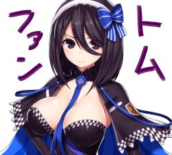 Rule 34 | &gt;:(, 1girl, asamura hiori, between breasts, black cape, black eyes, black hair, blue bow, blue necktie, blush, bow, breasts, cape, character request, cleavage, commentary request, eyes visible through hair, hair between eyes, hair bow, hairband, highres, large breasts, long hair, looking at viewer, necktie, necktie between breasts, phantasy star, phantasy star online 2, phantom (pso2), simple background, solo, strapless, striped, striped bow, translation request, upper body, v-shaped eyebrows, white background, white hairband