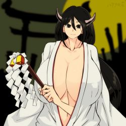 Rule 34 | 1girl, abs, animated, animated gif, bare shoulders, between breasts, black hair, bouncing breasts, breast expansion, breasts, brown eyes, center opening, cleavage, energy, female focus, fingernails, full moon, gigantic breasts, hair ornament, hairband, hataraki ari, holding, horns, japanese clothes, large areolae, long fingernails, long hair, long skirt, miko, monster girl, moon, night, nipples, no bra, open clothes, original, outdoors, red eyes, red sky, sharp teeth, shinto, shinto shrine, shrine, skirt, sky, smile, solo, standing, teeth, temple, topless, torii, transformation, undressing