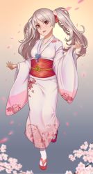 Rule 34 | 1girl, absurdres, cherry blossoms, copyright request, flower, full body, geta, hair flower, hair ornament, hair ribbon, highres, japanese clothes, kimono, kokoala, long hair, long sleeves, looking at viewer, obi, original, parted lips, petals, purple eyes, red footwear, red lips, ribbon, sash, silver hair, solo, tabi, twintails, white legwear, wide sleeves