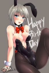 Rule 34 | 10s, 1girl, 2017, anastasia (idolmaster), animal ears, blue eyes, bow, bowtie, breasts, cleavage, dated, detached collar, fake animal ears, grey background, happy birthday, idolmaster, idolmaster cinderella girls, kirisaki byakko, pantyhose, playboy bunny, rabbit ears, rabbit tail, short hair, silver hair, simple background, sitting, solo, tail, tongue, tongue out, twitter username, wrist cuffs