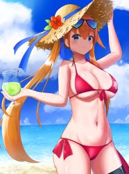 Rule 34 | 1girl, absurdres, arichi, beach, bikini, blue bow, blue eyes, blue sky, bow, breasts, cloud, commentary request, cowboy shot, day, eyewear on head, fal (fal&#039;s summer) (girls&#039; frontline), fal (girls&#039; frontline), front-tie bikini top, front-tie top, girls&#039; frontline, glass, hat, highres, horizon, large breasts, long hair, navel, outdoors, side-tie bikini bottom, side ponytail, sky, solo, standing, straw hat, sun hat, sunglasses, swimsuit, twintails
