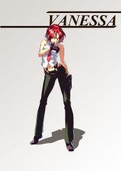 Rule 34 | 1girl, blue eyes, boots, character name, contrapposto, full body, highres, l.k, long legs, navel, necktie, pants, red hair, short hair, sleeveless, solo, standing, suspenders, the king of fighters, vanessa (kof)