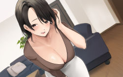 Rule 34 | 1girl, adjusting hair, akito (d30n26), black hair, blush, breasts, brown eyes, cleavage, couch, cushion, door, eyebrows hidden by hair, facing viewer, female focus, hand up, highres, indoors, large breasts, leaning forward, light blush, looking at viewer, medium hair, open mouth, original, plant, skirt, smile, solo, standing, wall, white skirt, wooden floor
