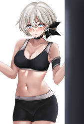 Rule 34 | 1girl, absurdres, alternate costume, apc556 (girls&#039; frontline), black choker, black shorts, black sports bra, blonde hair, blue eyes, blush, breasts, choker, cleavage, collarbone, feet out of frame, flower, girls&#039; frontline, gym uniform, hair flower, hair ornament, hamilton vgf, highres, looking at viewer, medium breasts, medium hair, navel, open mouth, out of frame, parted lips, shorts, solo, sports bra, sportswear, standing, stomach, white background