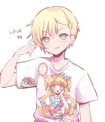 Rule 34 | 1boy, 1girl, blonde hair, blue eyes, character print, closed mouth, commentary request, finger to face, hand up, highres, hoshikuzu (pinkholic), idol time pripara, looking at viewer, male focus, pretty series, print shirt, pripara, shirt, short hair, short sleeves, simple background, smile, t-shirt, upper body, white background, white shirt, yumekawa shogo, yumekawa yui
