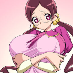 Rule 34 | 10s, 1girl, breasts, eyelashes, glasses, hanasaki tsubomi, heartcatch precure!, huge breasts, magaki ryouta, aged up, pink eyes, precure, red hair, round eyewear, solo, twintails