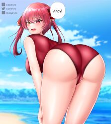 Rule 34 | 1girl, absurdres, ass, bent over, comic sans, d.d.g (ddg3420), day, facebook logo, facebook username, fang, heterochromia, highres, hololive, houshou marine, looking at viewer, looking back, one-piece swimsuit, outdoors, pixiv logo, pixiv username, red eyes, red hair, red one-piece swimsuit, self-upload, smile, solo, swimsuit, thighs, twitter logo, twitter username, virtual youtuber, watermark, yellow eyes