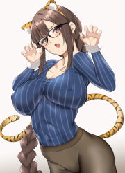 Rule 34 | 1girl, animal ears, blue shirt, blush, braid, braided ponytail, breasts, brown eyes, brown hair, brown pants, claw pose, cleavage, collarbone, covered navel, earrings, fake animal ears, fate/grand order, fate (series), glasses, highres, jewelry, large breasts, long hair, long sleeves, looking at viewer, multiple earrings, naha78, open mouth, pants, ribbed shirt, shirt, single braid, tail, tiger ears, tiger stripes, tiger tail, tight clothes, tight pants, very long hair, yu mei-ren (fate), yu mei-ren (first ascension) (fate)
