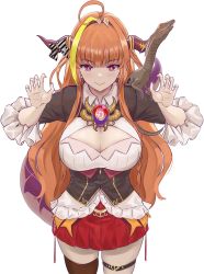 Rule 34 | 1girl, absurdres, altruwishm, bow, breasts, cleavage, cleavage cutout, clothing cutout, diagonal-striped bow, dragon girl, dragon horns, dragon tail, from above, highres, hololive, horns, kiryu coco, kiryu coco (1st costume), large breasts, lizard, orange hair, single thighhigh, skindentation, solo focus, tail, thigh strap, thighhighs, virtual youtuber
