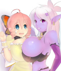 Rule 34 | 2girls, ahoge, blue eyes, bow, breast press, breasts, butterfly hair ornament, collar, colored skin, drill hair, drill ponytail, earrings, elbow gloves, female focus, frills, from side, gloves, hair between eyes, hair ornament, hairclip, hand on own hip, huge breasts, jewelry, long hair, looking to the side, magister, manaworld, multiple girls, narrow waist, open mouth, original, pink hair, pointy ears, purple eyes, purple skin, sakuraba himari (magister), simple background, skindentation, smile, surprised, sweatdrop, symmetrical docking, syx, white background, white hair