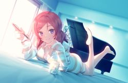 Rule 34 | 10s, 1girl, ass, barefoot, blurry, breasts, cleavage, depth of field, indoors, instrument, jar, looking at viewer, love live!, love live! school idol project, lying, nagareboshi, nishikino maki, on stomach, pen, piano, purple eyes, red hair, short hair, smile, solo, striped, the pose, window
