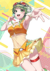 Rule 34 | 1girl, absurdres, armpits, belt, blush, breasts, bridal garter, cleavage, crop top, detached collar, goggles, goggles on head, green eyes, green hair, gumi, headphones, headset, highres, layered skirt, looking at viewer, medium breasts, miniskirt, nail polish, nil (pixiv 53614557), open mouth, reaching, reaching towards viewer, see-through, see-through shirt, short hair with long locks, skirt, smile, solo, vocaloid, wrist cuffs