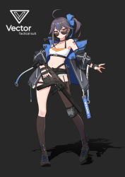Rule 34 | 1girl, absurdres, ahoge, akinaz, asymmetrical hair, asymmetrical legwear, aviator sunglasses, barcode, barcode tattoo, black hair, blue hair, bow, brown eyes, camisole, chinese commentary, choker, commentary request, english text, fingerless gloves, full body, garter straps, gloves, gun, hair bow, highres, holding, holding gun, holding weapon, jacket, knee pads, kneehighs, kriss usa, kriss vector, looking over eyewear, looking over glasses, magpul, midriff, mismatched legwear, multicolored hair, off shoulder, original, shadow, sheath, sheathed, short shorts, shorts, side ponytail, simple background, single knee pad, single kneehigh, single sock, single thighhigh, socks, solo, streaked hair, submachine gun, sunglasses, suppressor, tattoo, thighhighs, tinted eyewear, transformational defense industries, trigger discipline, weapon