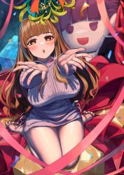 Rule 34 | 1girl, :o, alternate breast size, barefoot, bb (fate), blush, box, brown eyes, brown hair, christmas, commission, confetti, fate/extra, fate/extra ccc, fate (series), feet, gift, gift box, highres, kishinami hakuno (female), long hair, looking at viewer, mistletoe, outstretched arms, outstretched hand, paid reward available, parted lips, pixiv commission, reaching, reaching towards viewer, red ribbon, revealing clothes, ribbon, sitting, solo, stuffed toy, sweater, very long hair, wariza, wei yu