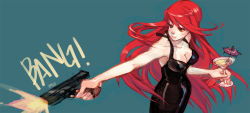 Rule 34 | 1girl, bare shoulders, black dress, blue background, breasts, cleavage, cocktail glass, cocktail umbrella, cup, dress, drink, drinking glass, firing, formal, gun, halterneck, handgun, large breasts, long hair, martini, mayonose, muzzle flash, outstretched arm, parasoul (skullgirls), pistol, red hair, skullgirls, solo, very long hair, weapon, yellow eyes