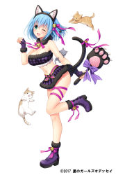 Rule 34 | 1girl, 2017, ;d, adhara (hoshi no girls odyssey), animal ears, ankle boots, argyle, bell, belt, blue hair, boots, bow, braid, breasts, cat, cat ears, cat hair ornament, cat tail, cleavage, copyright name, fake animal ears, fingerless gloves, gloves, green eyes, hagino kouta, hair bow, hair ornament, highres, holding, holding wand, hoshi no girls odyssey, jingle bell, large breasts, leg ribbon, looking at viewer, midriff, miniskirt, navel, official art, one eye closed, open mouth, paw pose, purple bow, purple footwear, purple gloves, ribbon, short hair, simple background, skirt, smile, solo, standing, standing on one leg, tail, wand, white background